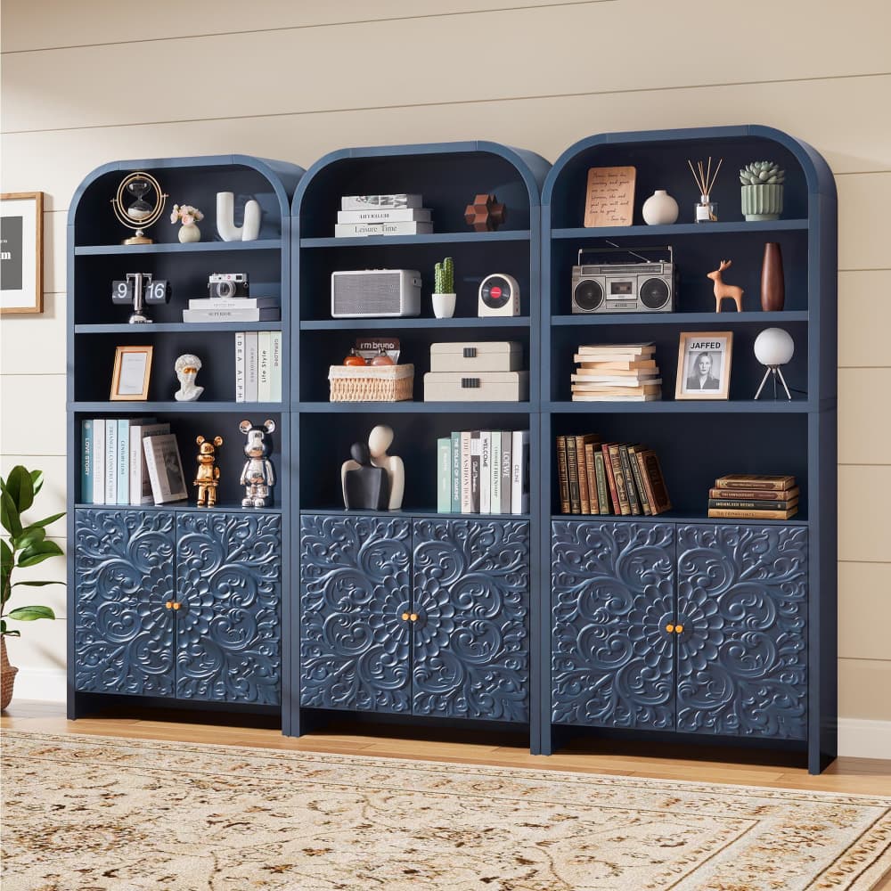 Blue 70" Tall Arched 6-Tier Bookcase with Floral Doors and Tip-Over Kit Included