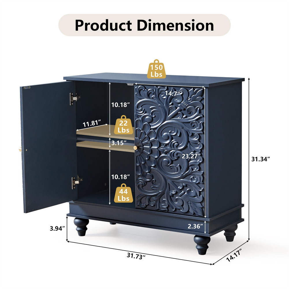 Navy blue cabinet with decorative patterns and dimensions displayed on a white background