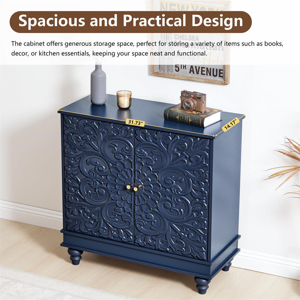 Blue cabinet with decorative patterns on a white background