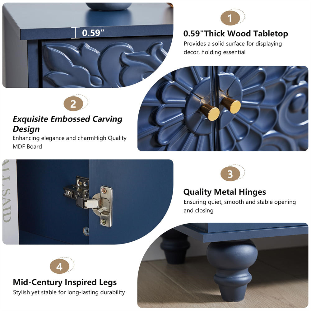 Blue wooden table with detailed carvings, metal hinges, and legs on a white background.