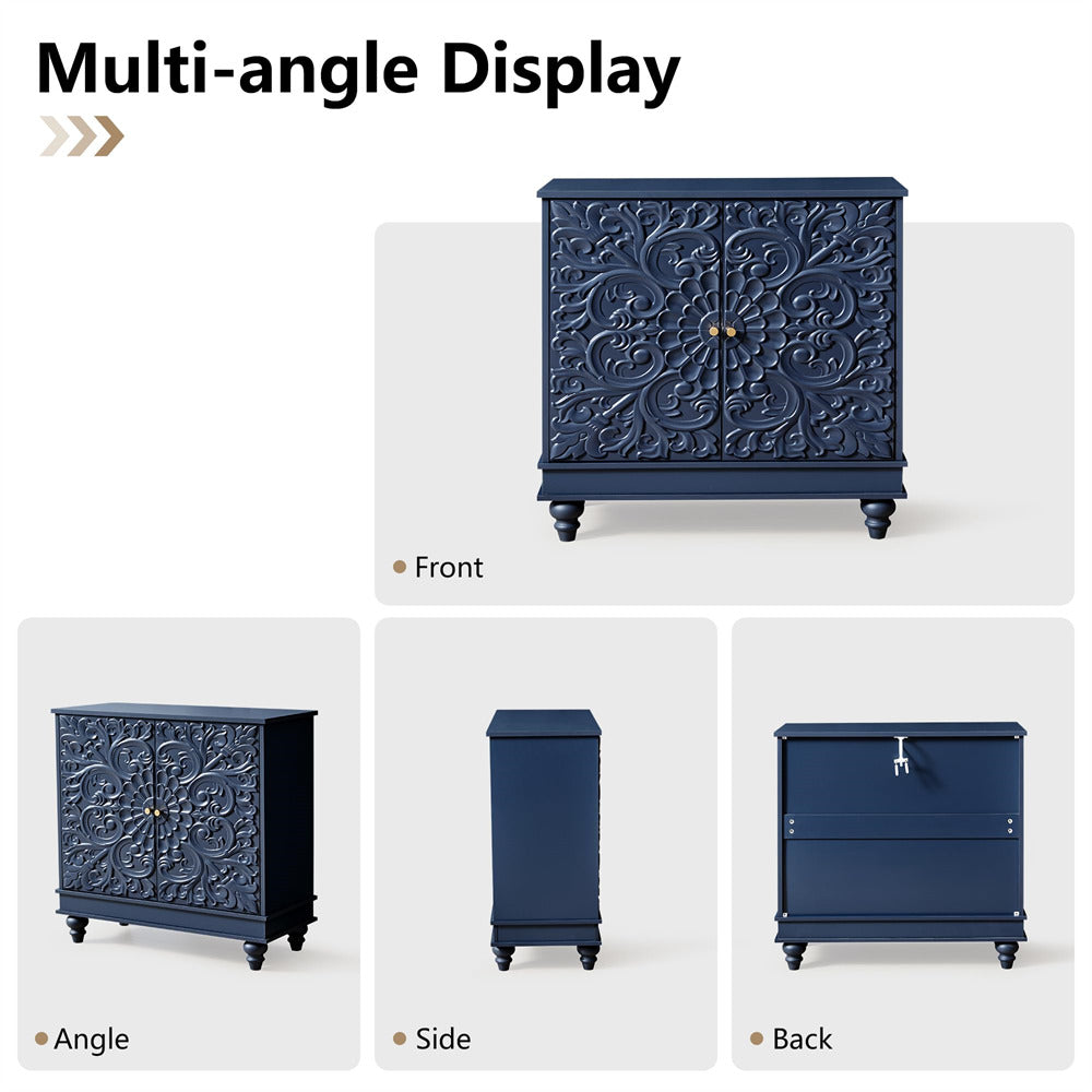 Navy blue cabinet with intricate patterns displayed from multiple angles on a white background.
