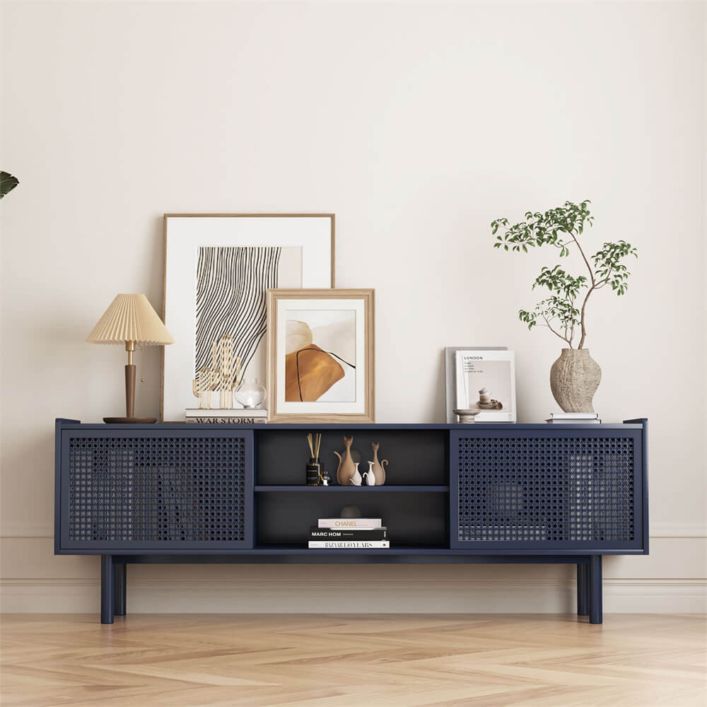 Blue Iron Rattan TV Stand Storage Cabinet with Adjustable Shelves