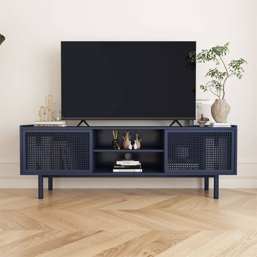 Blue Iron Rattan TV Stand Storage Cabinet with Adjustable Shelves
