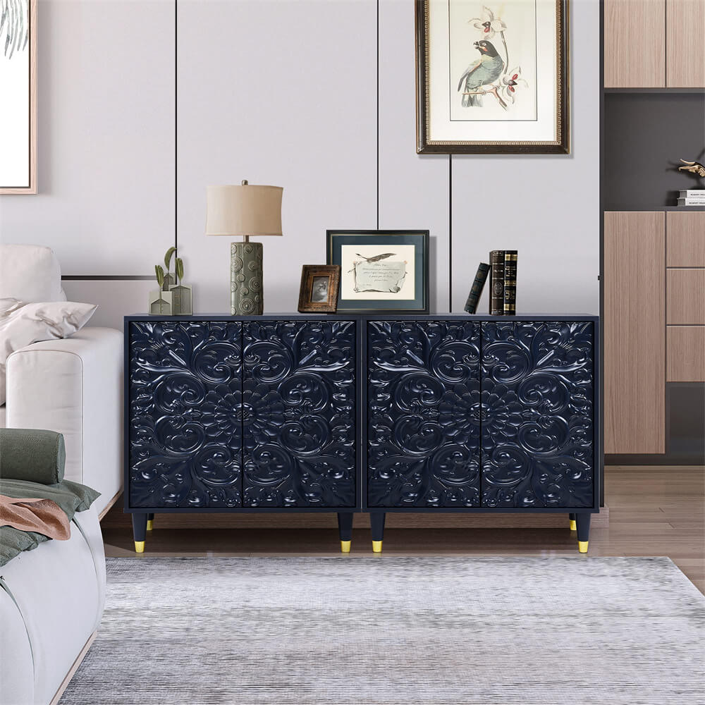 Blue Modern Wooden Storage Buffet Sideboard Cabinet with Engraved Design and Double Doors