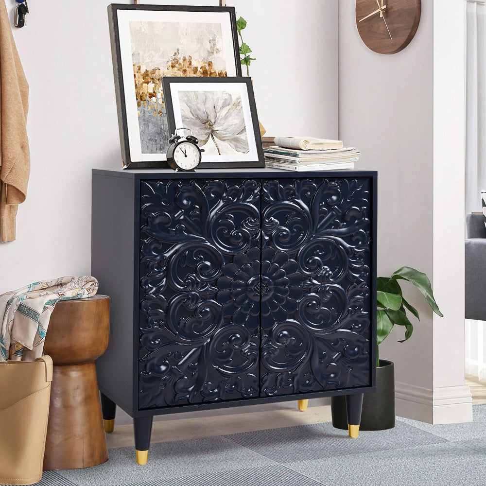 Blue Modern Wooden Storage Buffet Sideboard Cabinet with Engraved Design and Double Doors