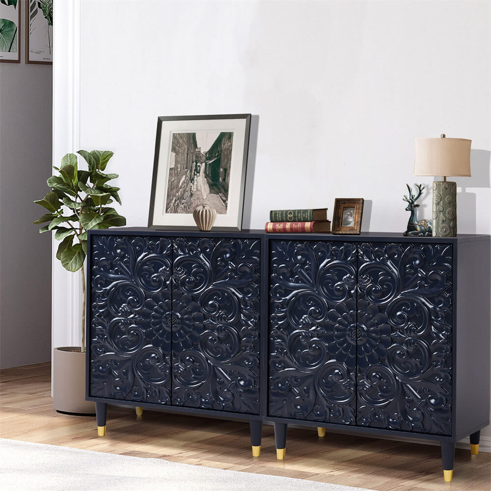 Blue Modern Wooden Storage Buffet Sideboard Cabinet with Engraved Design and Double Doors