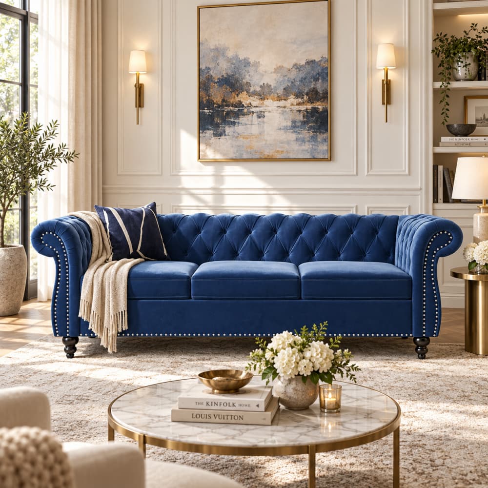Blue Velvet 3 Seater Chesterfield Sofa with Button Tufted Back