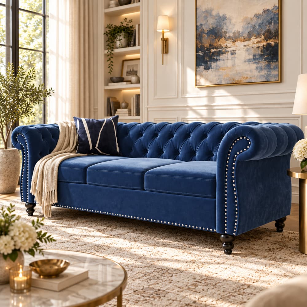 A blue velvet Chesterfield loveseat sofa with tufted backrest, rolled arms, nailhead trim, and dark turned legs, styled in a bright living room with pillows, a throw blanket, rug, plants, and wall decor.