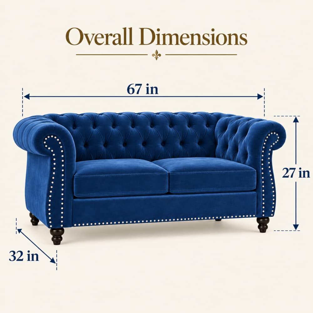 A blue tufted loveseat sofa shown with overlaid dimension lines and text reading 'Overall Dimensions,' including 67 in width, 27 in height, and 32 in depth, on a light beige background.