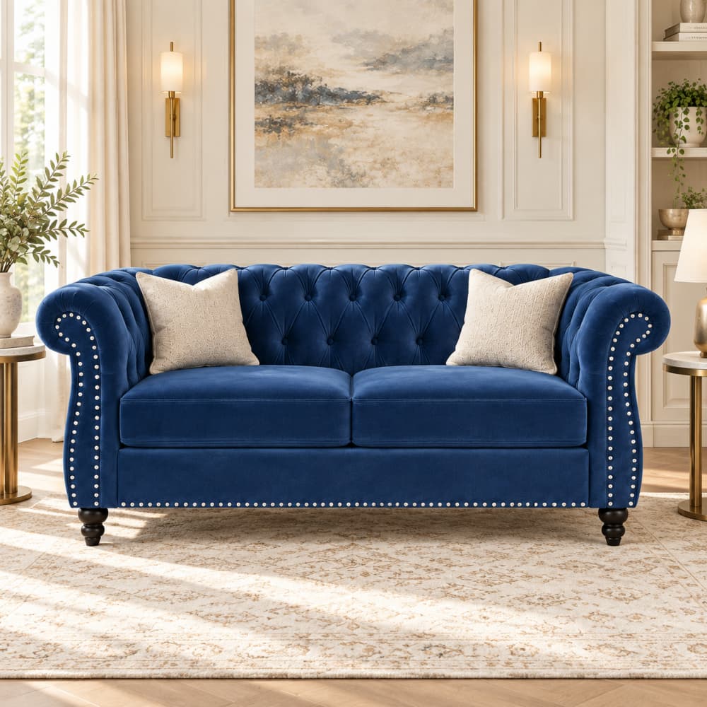 Blue Velvet Chesterfield Loveseat Sofa with Button Tufted Back