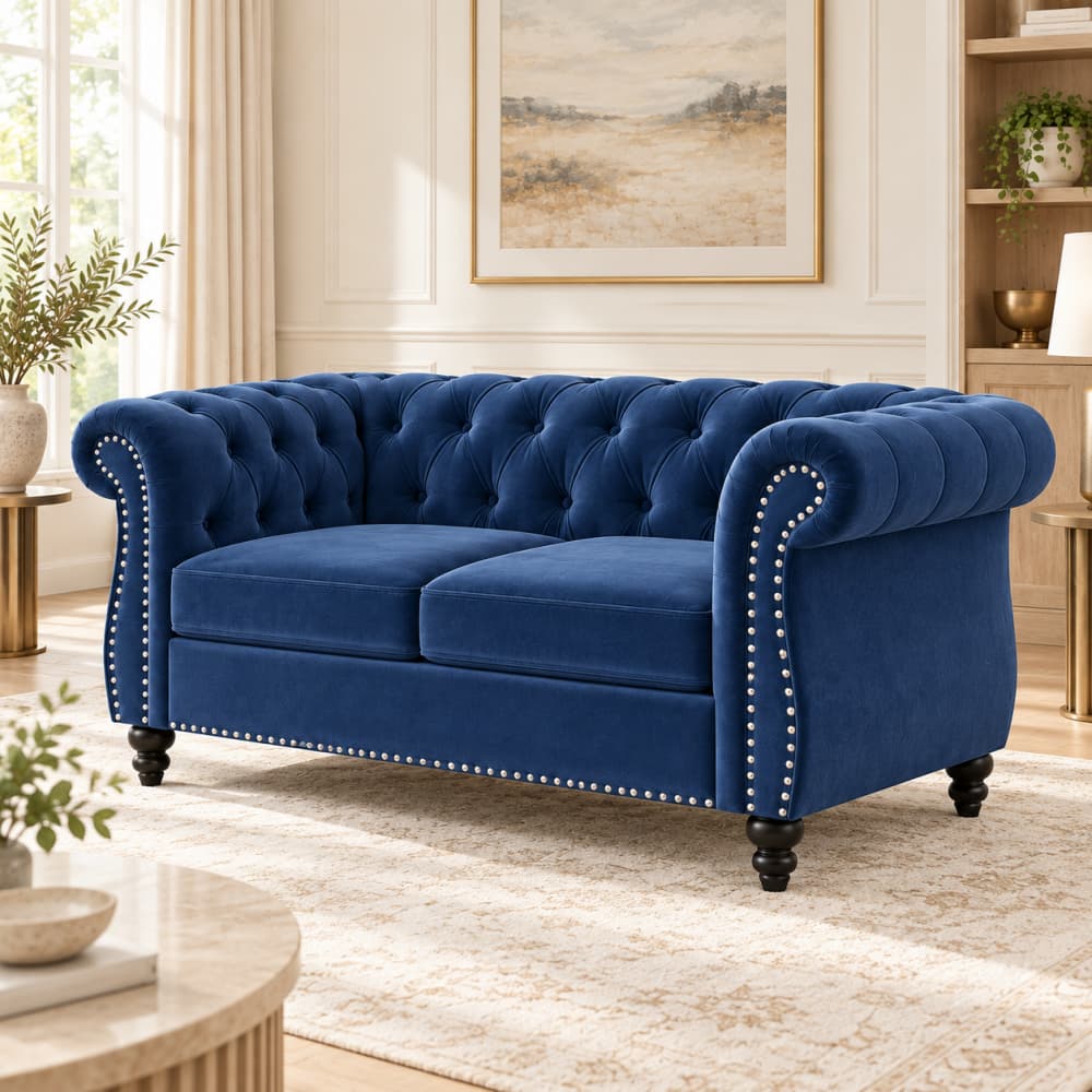 Blue Velvet Chesterfield Loveseat Sofa with Button Tufted Back