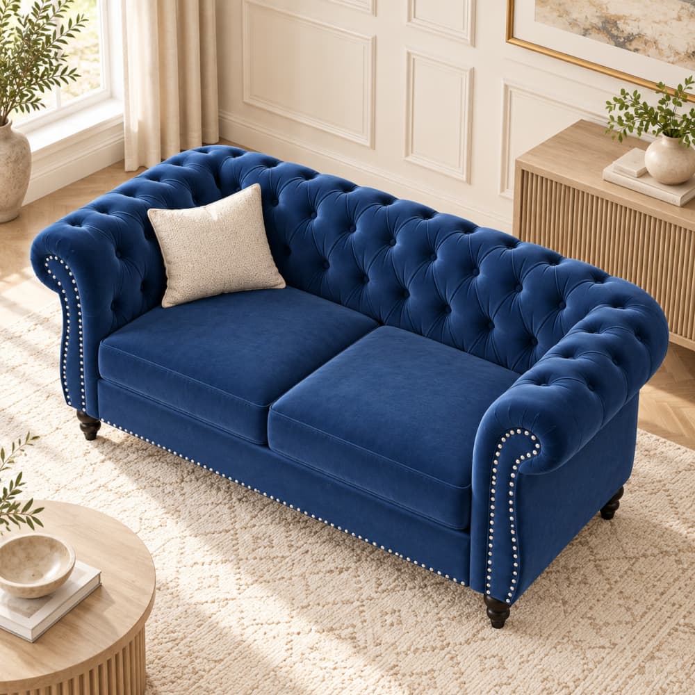 A blue velvet tufted loveseat sofa with nailhead trim, shown in a styled living room setting with a beige throw pillow on a patterned rug.