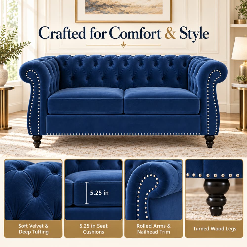A blue tufted loveseat sofa shown in a styled living room setting with text reading 'Crafted for Comfort & Style' and four inset detail panels highlighting velvet texture, seat cushion depth, rolled arms with nailhead trim, and turned wood legs.