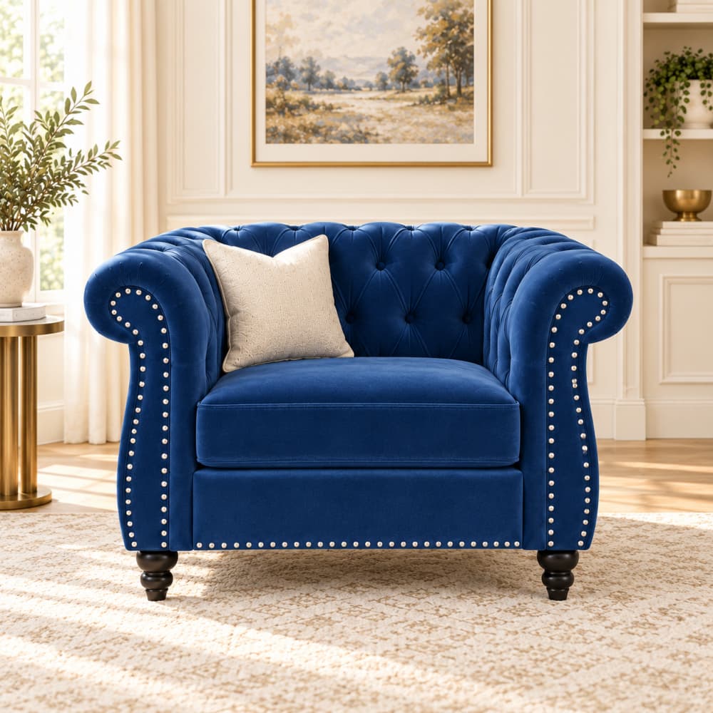 Blue Velvet Chesterfield Sofa Chair with Button Tufted Back