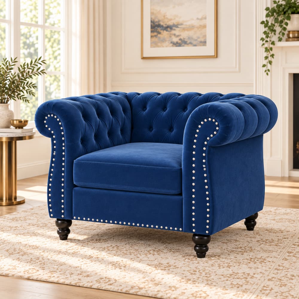 A royal blue velvet Chesterfield armchair with silver nailhead trim, set in a bright, elegant living room with a beige rug and warm sunlight.