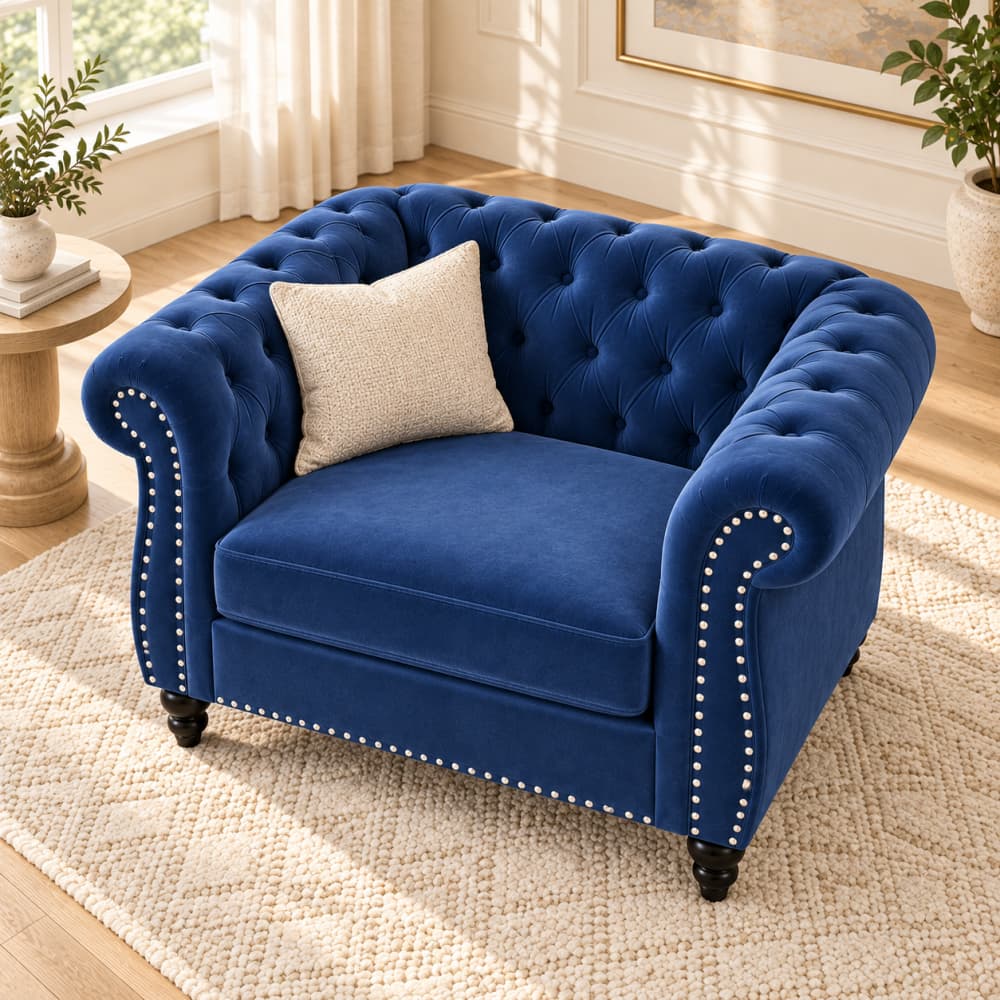 A royal blue velvet Chesterfield armchair with button tufting and silver nailhead trim, styled with a beige throw pillow in a bright, sunlit room on a textured rug.