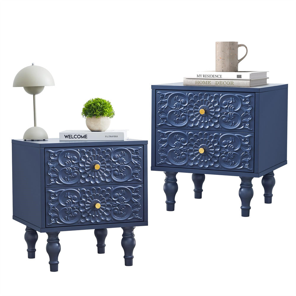 Two blue nightstands with decorative patterns on a white background