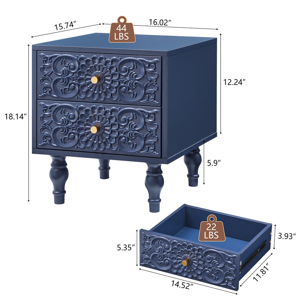 Blue nightstand with decorative patterns and dimensions on a white background