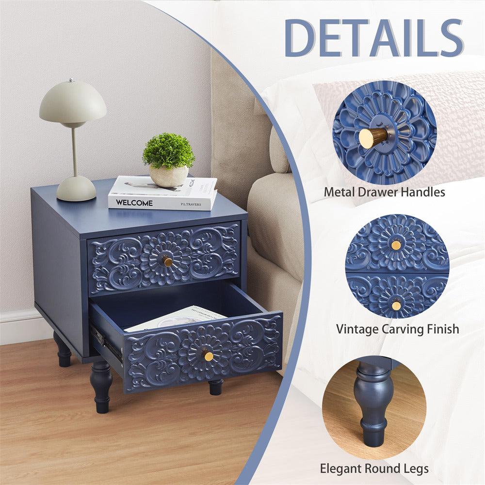 Decorative nightstand with floral carvings, metal drawer handles, and elegant round legs in a living room setting.
