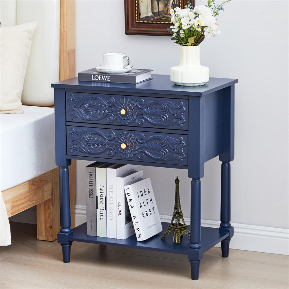 Navy blue nightstand with decorative elements in a bedroom setting
