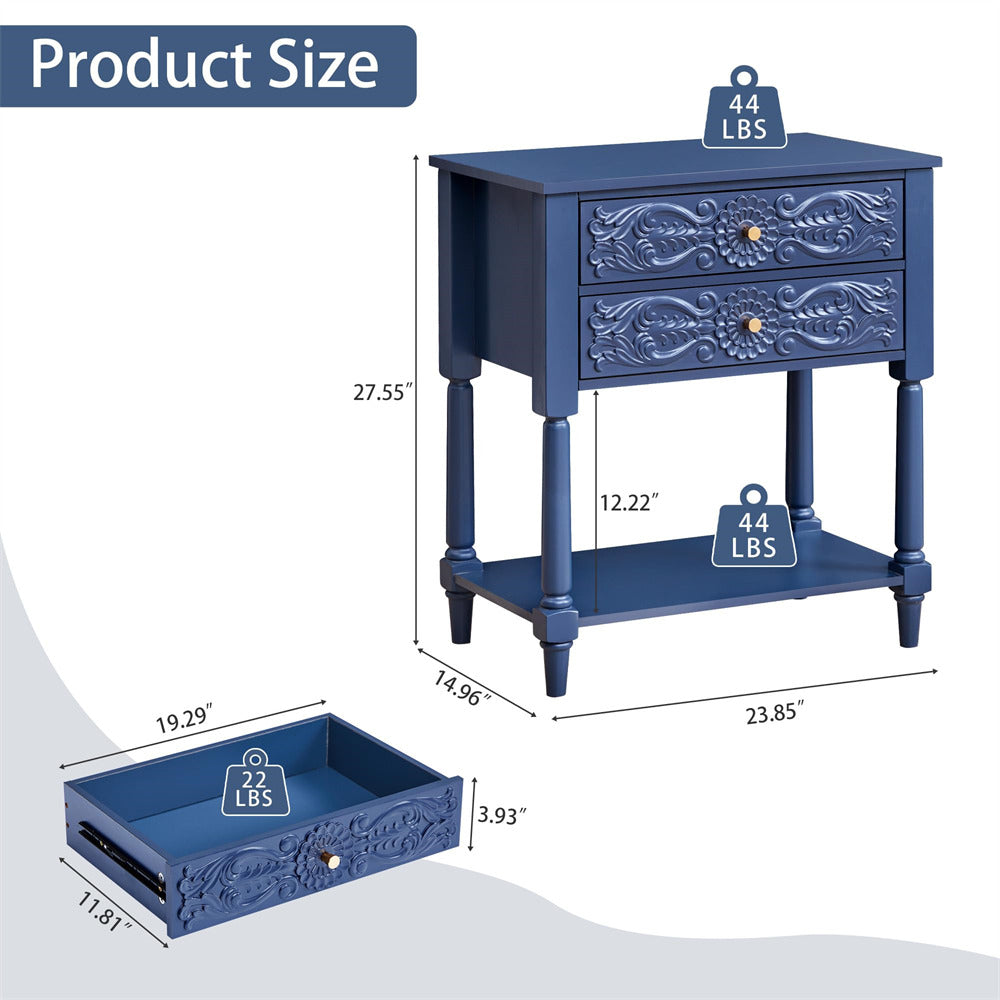 Blue side table with dimensions and weight label on a white background