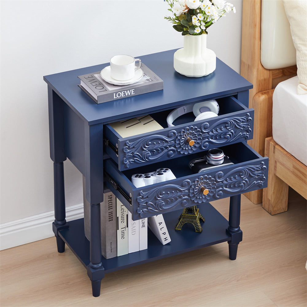 Blue nightstand with decorative elements in a bedroom setting