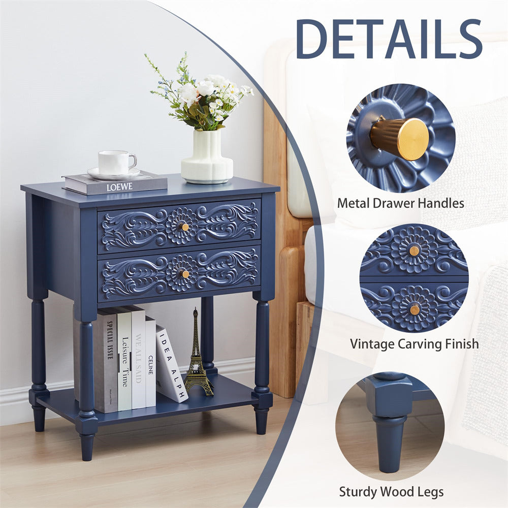 Blue nightstand with decorative carvings, metal drawer handles, and sturdier wood legs on a white background.