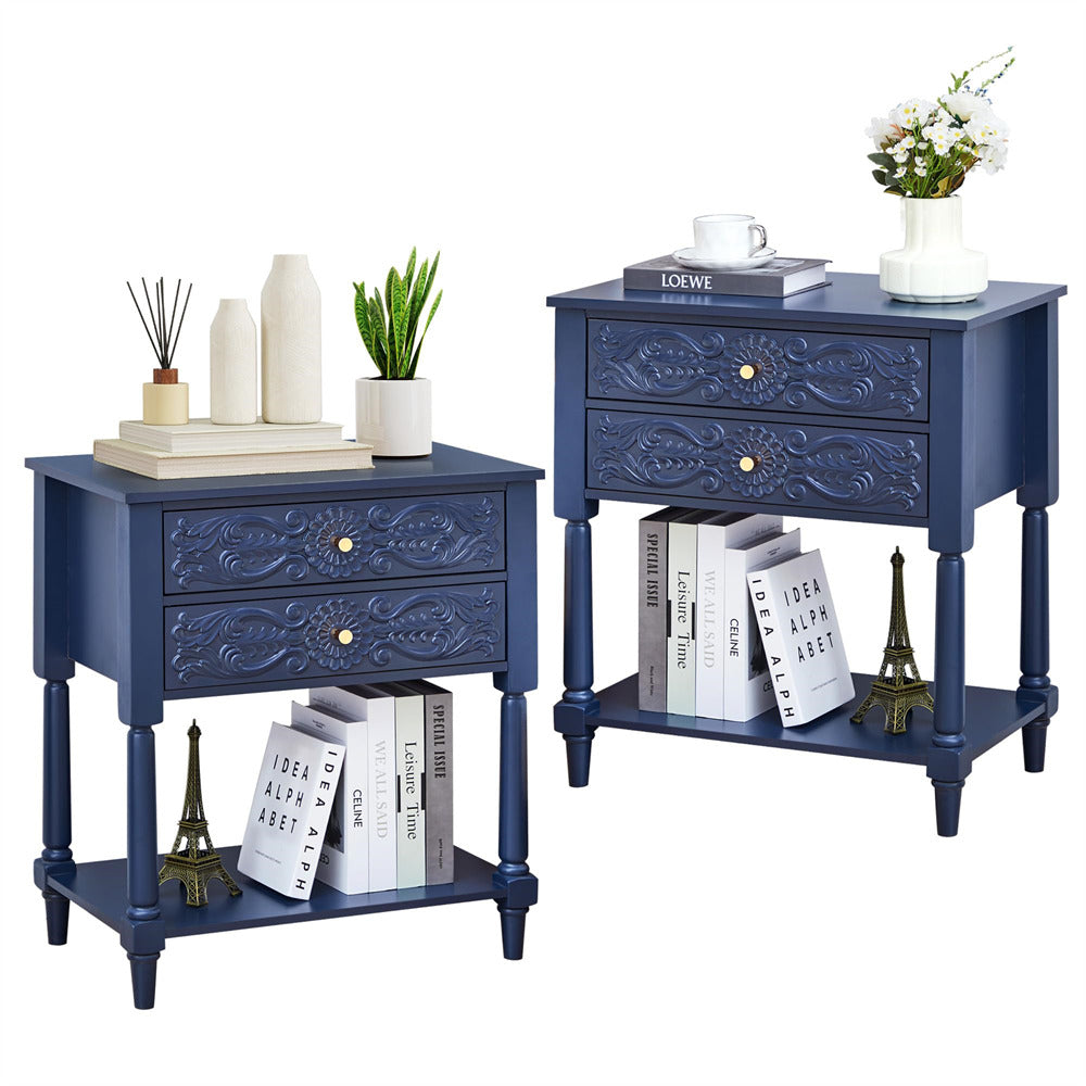 Two blue nightstands with decorative items on a white background