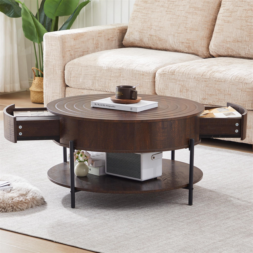 Round wooden coffee table with storage drawers in a living room setting.