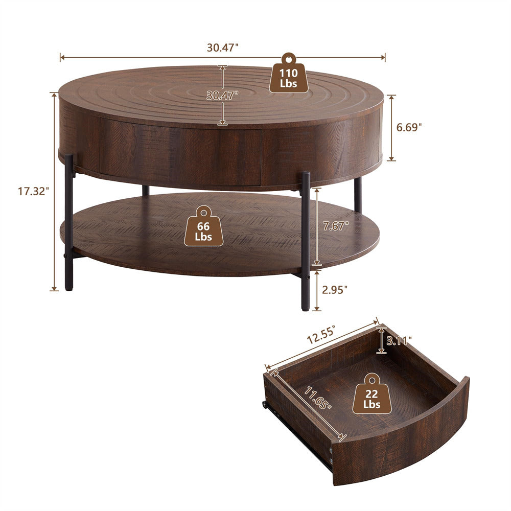 Wooden coffee table with dimensions and weight indicators on a white background