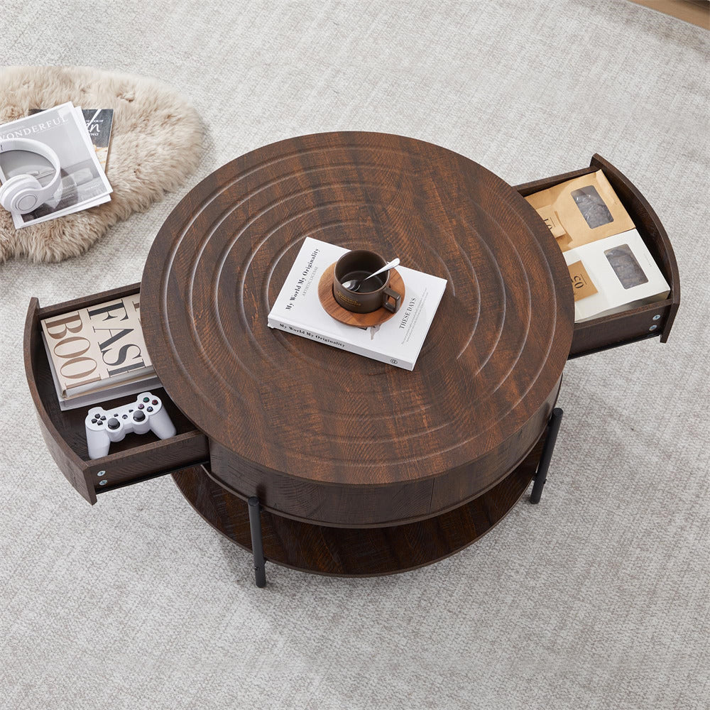 Round wooden coffee table with open drawers on a gray carpet
