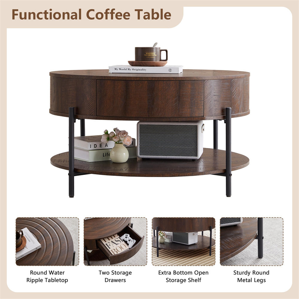 Wooden coffee table with storage drawers and open shelf on a beige background