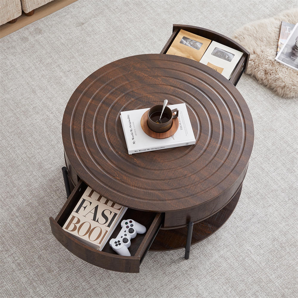 Round wooden coffee table with storage drawers in a living room setting.