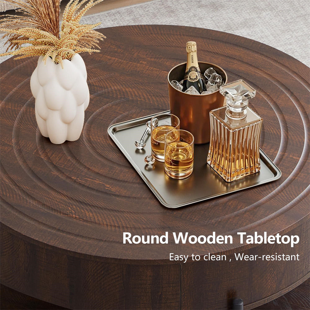 Round wooden table with drinks and decor on a light gray surface