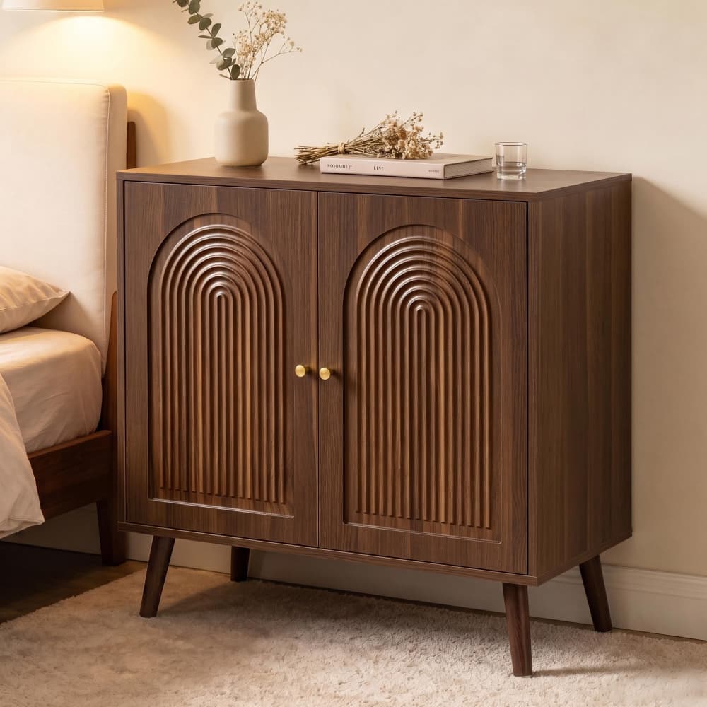 Brown 31.5" Arched Fluted Storage Cabinet with adjustable shelf and soft-close hinges