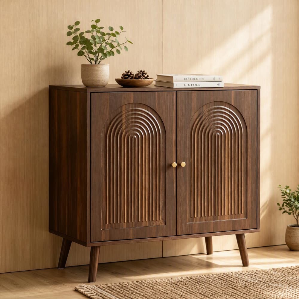 Brown 31.5" Arched Fluted Storage Cabinet with adjustable shelf and soft-close hinges
