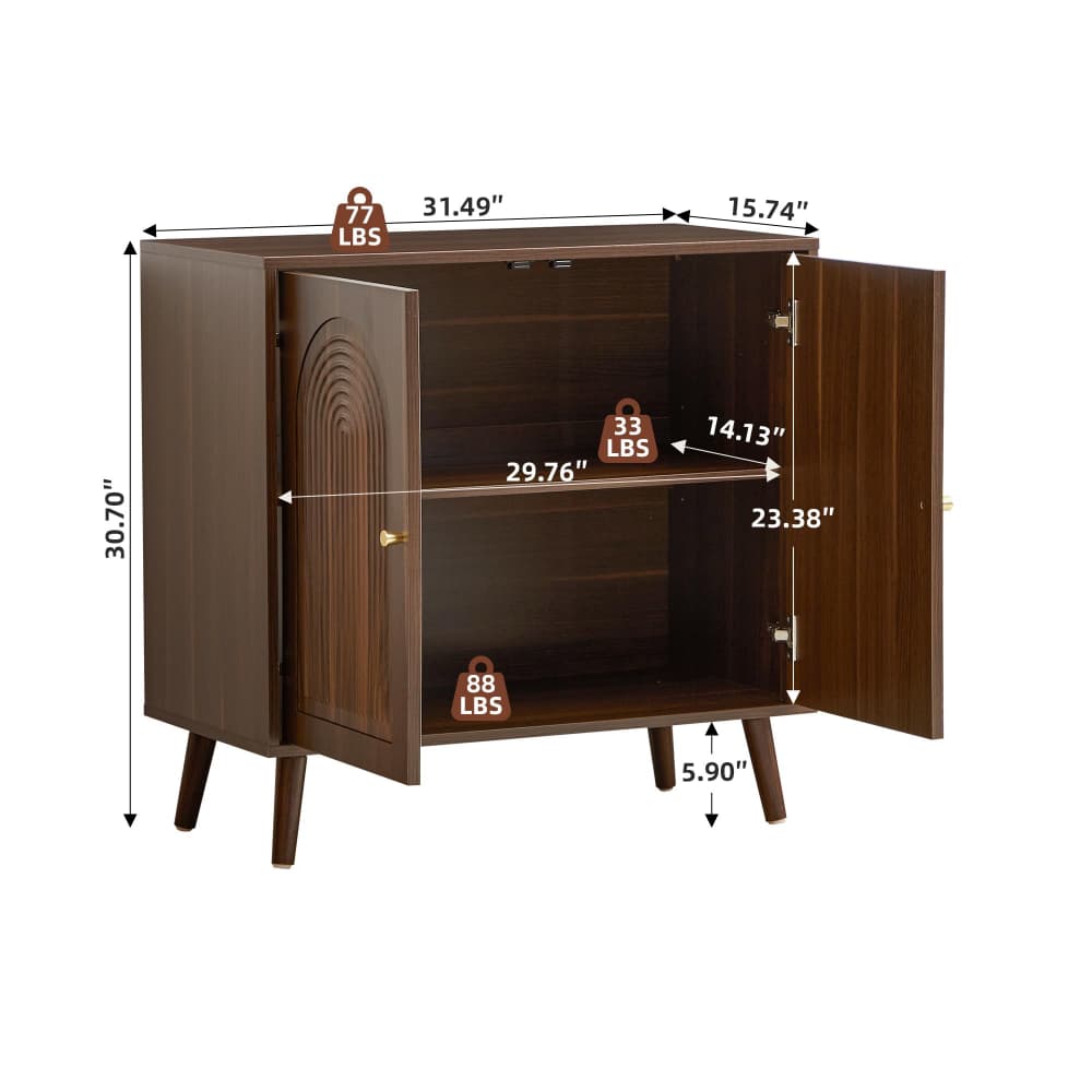 A dark brown wooden side cabinet with open doors, shown with overlaid dimension labels, weight capacity icons, and measurement arrows on a plain white background.
