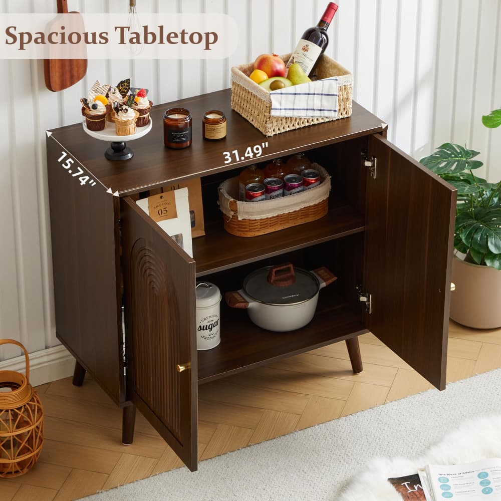A dark brown wooden cabinet with two open doors, shown in a styled room setting with food items, a wine bottle, and kitchenware on and inside. Text overlays indicate dimensions: 31.