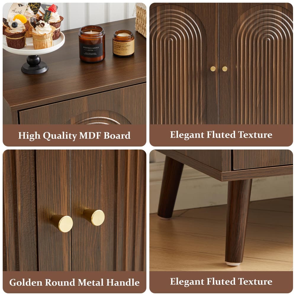Brown 31.5" Arched Fluted Storage Cabinet with adjustable shelf and soft-close hinges
