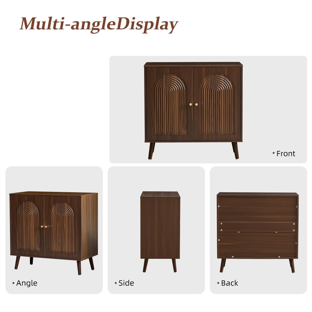A furniture product collage showing a dark brown wooden cabinet from multiple angles, labeled 'Multi-angleDisplay' with front, angle, side, and back views on a white background.