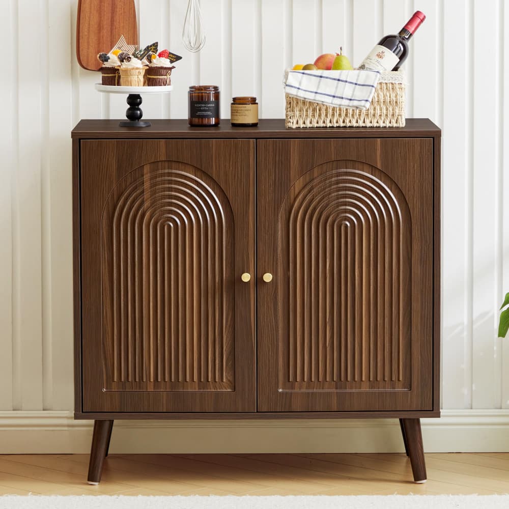 Brown 31.5" Arched Fluted Storage Cabinet with adjustable shelf and soft-close hinges