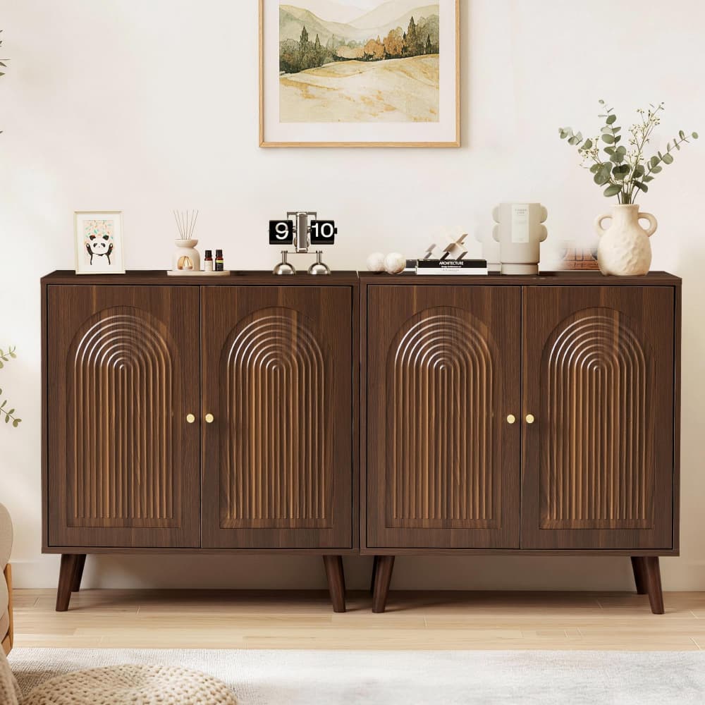 Brown 31.5" Arched Fluted Storage Cabinet with adjustable shelf and soft-close hinges