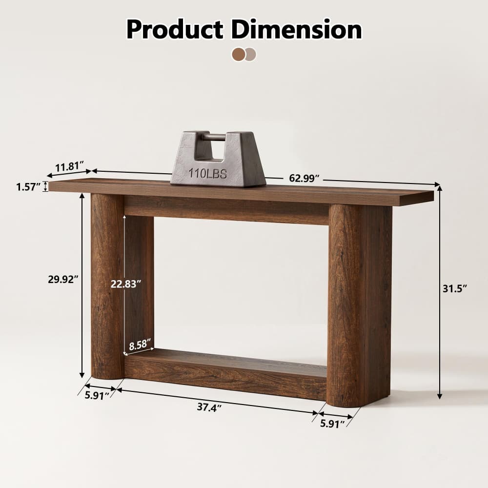 A wooden console table shown with overlaid dimension arrows and measurements, plus a gray 110 lbs weight on top, under the heading 'Product Dimension' on a light neutral background.