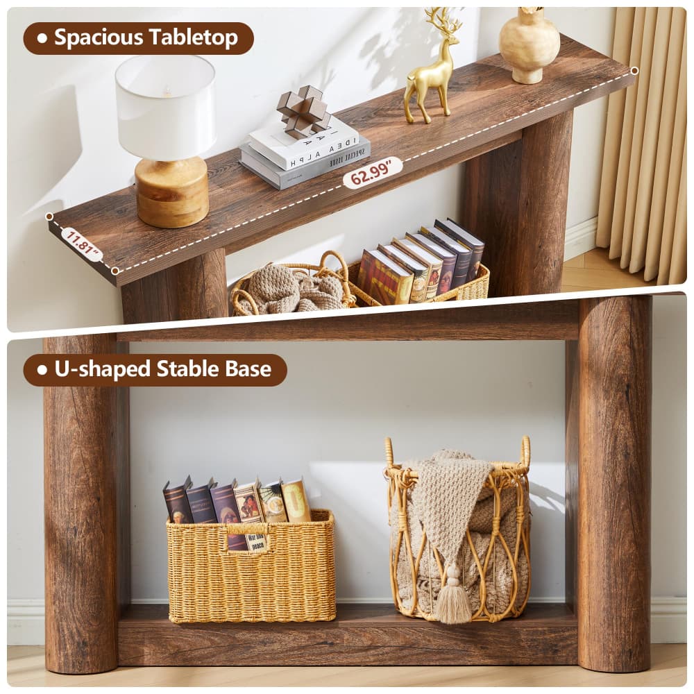 Brown 63" Long Wooden 2 Tier Behind Couch Console Table with Storage and U-Shaped Base