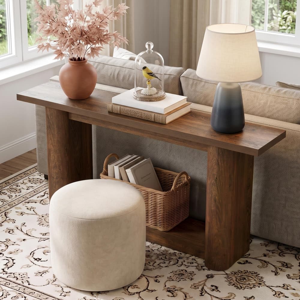 A wooden console table in a bright living room setting, styled with a terracotta vase of dried pink flowers, a glass cloche, a small bird figurine on stacked books, a gray-blue gradient table lamp, and a round off-white ottoman in front.