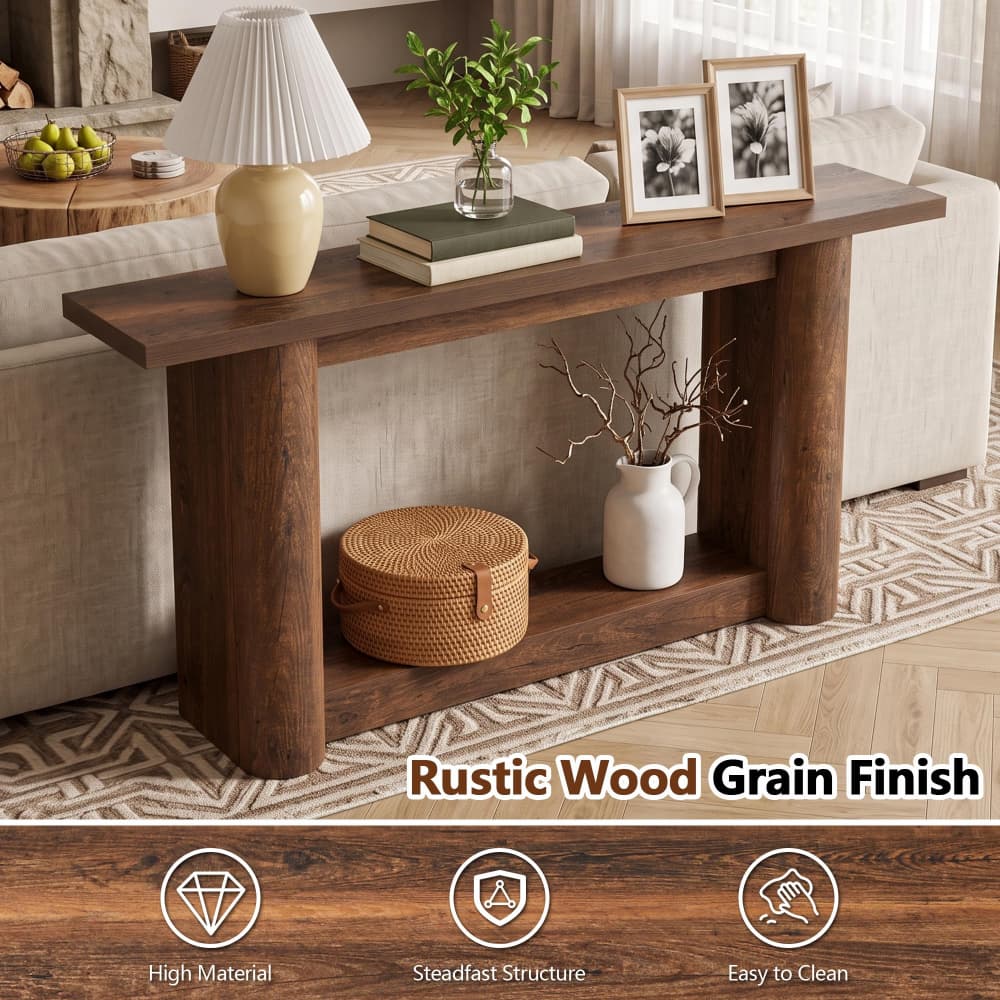 Rustic wood console table with a dark brown grain finish, styled in a cozy living room setting with a lamp, books, framed photos, and decorative items. A text banner at the bottom highlights the rustic wood grain finish with feature icons.