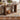 Rustic wood console table with a dark brown grain finish, styled in a cozy living room setting with a lamp, books, framed photos, and decorative items. A text banner at the bottom highlights the rustic wood grain finish with feature icons.