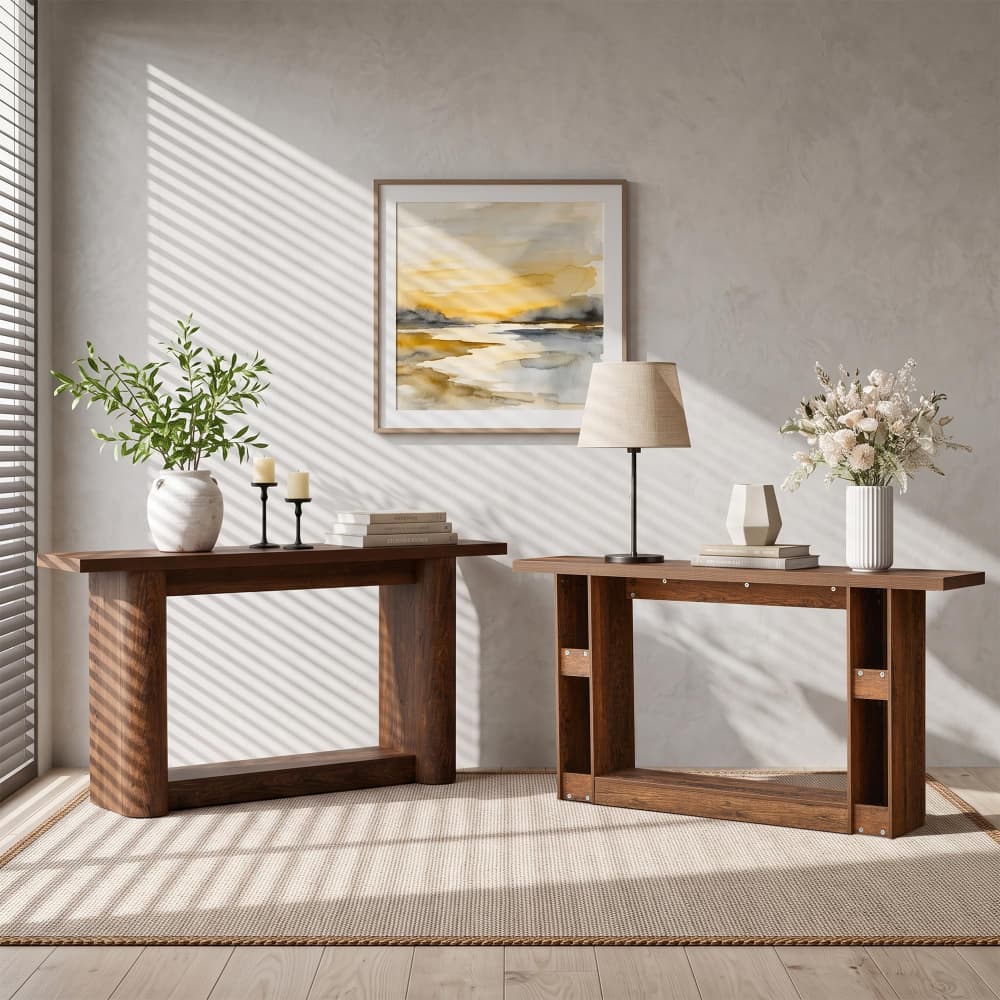 Brown 63" Long Wooden 2 Tier Behind Couch Console Table with Storage and U-Shaped Base