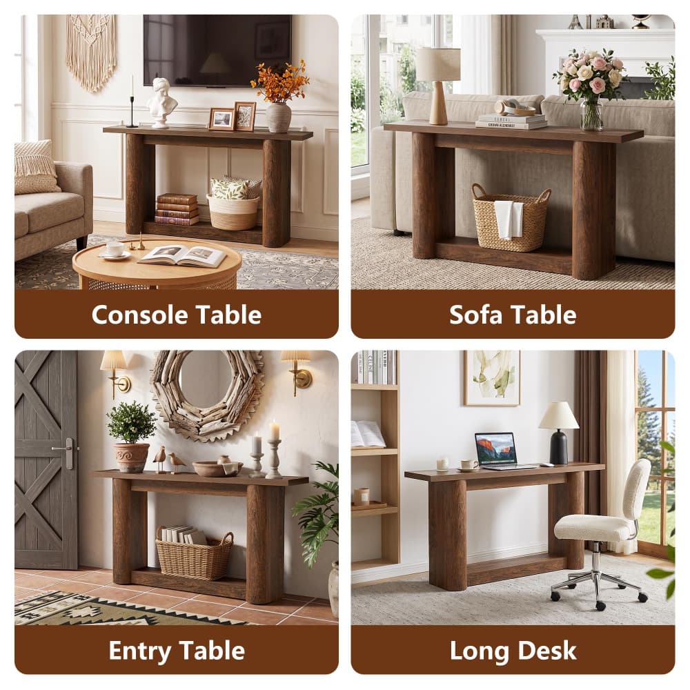 A four-panel collage showing a rustic brown wooden console-style desk/table in different room settings, labeled Console Table, Sofa Table, Entry Table, and Long Desk.