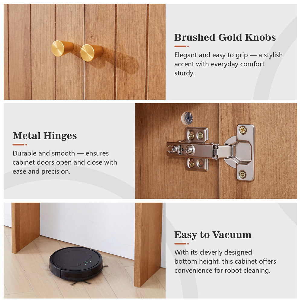 Cabinet with brushed gold knobs and metal hinges, robot vacuum cleaner on floor.